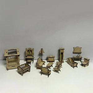 Wooden Dolls House Furniture MDF Bedroom Table Chairs Bathroom Miniature - Picture 1 of 21