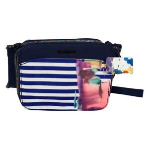 Desigual Woman Handbag Printed Stripes Sz S Blue Color Logo VM