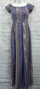 Band Of Gypsies Jumpsuit Size S Blue Cream & Black Floral Stripes Shirred Boho - Picture 1 of 11