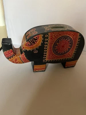 Vintage Real Leather Handpainted Embossed Elephant Money Bank - Image 1 of 4
