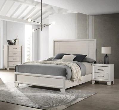 Lustrous White Cream Finish King Panel Bed Wooden Storage Bedroom 3pc Set - Image 1 of 4