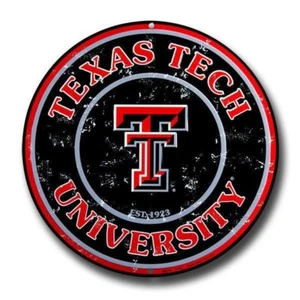 TEXAS TECH RED RAIDERS ROUND METAL SIGN 12" UNIVERSITY EMBOSSED MAN CAVE FAN - Picture 1 of 2