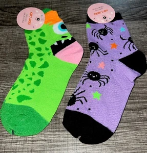 Halloween Socks Ankle Monster Spiders Kids Sz 7 -8.5 Two Pairs Teen Shoe Sz 8 - Picture 1 of 9