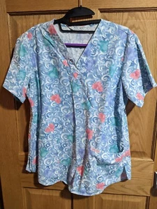 Vtg Cherokee ladies scrub top blue hearts size small medical nursing uniform - Picture 1 of 5