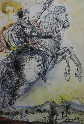 Raro cuadro surrealista único, jinete de caballo, firmado Salvador Dalí Foto 1 de 4