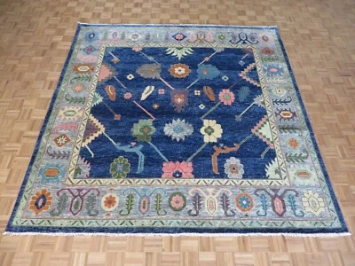 9'10 x 9'10 Square Hand Knotted Navy Blue Colorful Oushak Oriental Rug G12967 - Image 1 of 4