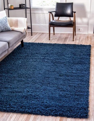 Navy Blue Rectangular Shag Area Rug 4x6 Luxury Soft Carpet for Bedroom - Image 1 of 4