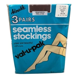 Vtg 3 Pair Adorable Val-U-Pak Seamless Micro Mesh Stockings Smoke Fits 9 1/2-10 - Picture 1 of 2