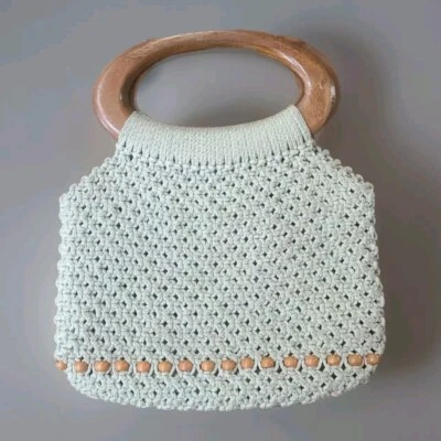 Bolso de Mano Vintage Macramé Crochet Asas de Madera Cuentas Boho Hippie Cottagecore Cartera Foto 1 de 4