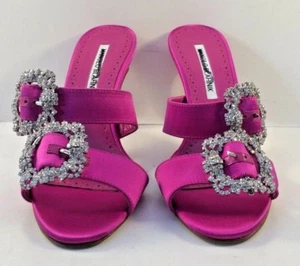 Manolo Blahnik Pink Satin Buckled Mulussanhan 90MM Sandals Womens Size EUR 36M - Picture 1 of 9