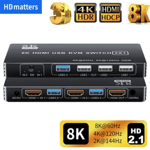 HDMI 2.1 KVM Switch Box 8K 60Hz Dual Ports HDR USB 3.0 Switcher Monitor Nvidia - Picture 1 of 9