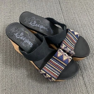 Sugar Cork Platform Wedge Womens Size 6 M Black Jinxy Aztec Print Slide Sandal - Picture 1 of 12