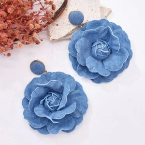 Denims Jeans blaue Stoff ohrringe Ornament Blumen ohrringe - Picture 1 of 15