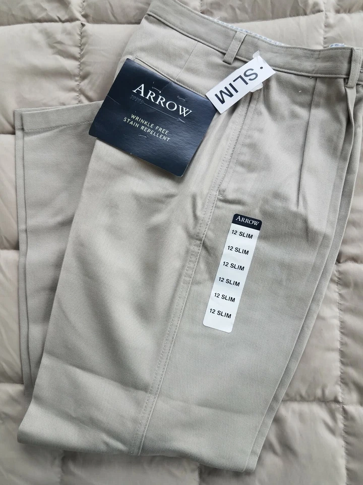 NUEVO CON ETIQUETAS FLECHA PANTALONES UNIFORMES ESCOLARES AJUSTADOS REPELENTES DE MANCHAS CAQUI SIN ARRUGAS Foto 1 de 2