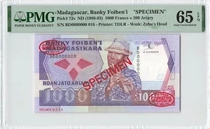 MADAGASCAR 1000 Francs 1988-93, P-72s SPECIMEN PMG 65 EPQ Gem UNC, Prefix BD - Picture 1 of 2