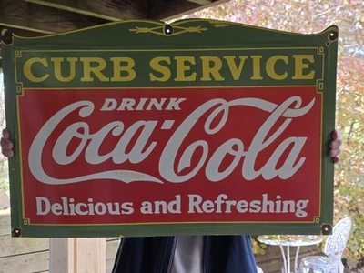 HUGE VINTAGE DRINK COCA-COLA CURB SERVICE PORCELAIN SIGN  27"x18" - Image 1 of 4