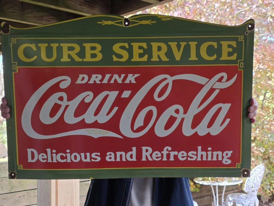 HUGE VINTAGE DRINK COCA-COLA CURB SERVICE PORCELAIN SIGN  27"x18" - Image 1 of 4