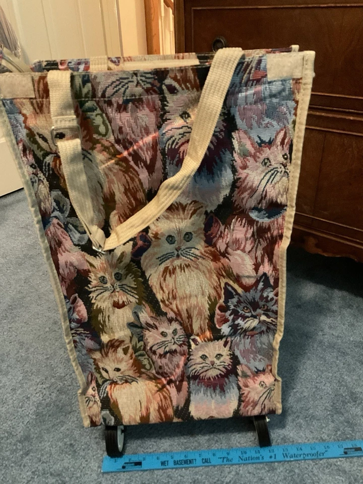 ВИНТАЖНЫЙ кот гобелен прокатки покупатель высокий складной сумка с короткими ручками, коричневые оттенки - Изображение 1 из 4