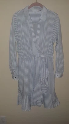 Calvin Klein Blue White Striped Ruffle Surplice Faux Wrap Dress Size L NO BELT - Image 1 of 4