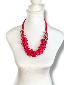 Vintage Tropical Red Wood Parrot Tiki Multi-Strand Necklace • Exotic Carved Bird - Picture 1 of 15
