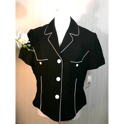 Vintage Evan-Picone Black Linen/White Trim Short Sleeve Blazer-14P NWT RTL$168 - Image 1 of 4