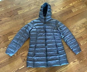 Eddie Bauer Daunen Puffer Jacke Damen L ~ leichter blauer Hoodie mittellang - Bild 1 von 12