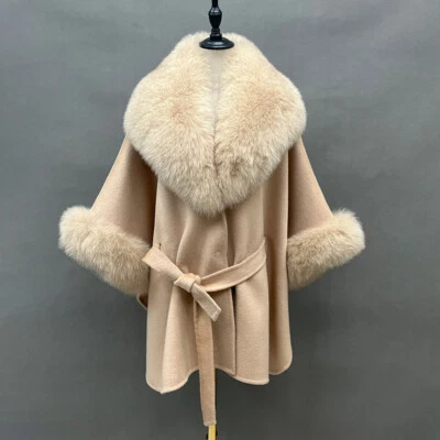 Women's Wool Belt Real Fox Fur Collar Lapel Fur Cuff Woolen Cape Coat - Image 1 of 4