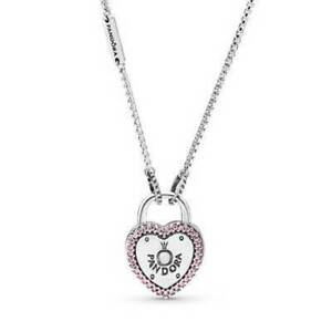 Authentic Pandora Necklace Silver Lock Your Promise Pink CZ #396583FPC-60 23.6"