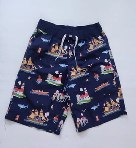 NWT Hanna Andersson Boys Navy Swim Trunks Ocean Shark Lighthouse 140 Size 10 - Picture 1 of 7