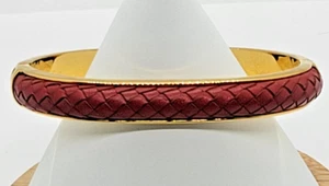 Vintage Signed Joan Rivers Red Braided Leather Hinged Bangle Gold Tone Bracelet - Picture 1 of 8