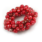 Solid Chunky Red Glass Bead, Sea Shell Nuggets Flex Bracelet - 18cm L
