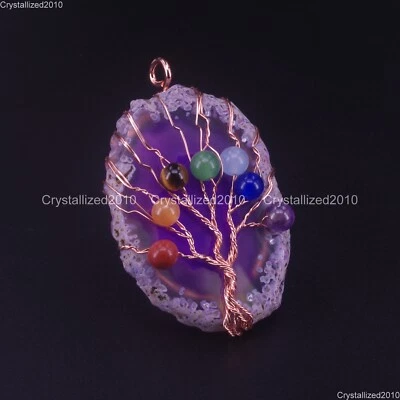 Colgante de árbol de la vida con envoltura de alambre hecho a mano de piedras preciosas de ágata en rodajas naturales oro rosa de 18 quilates Foto 1 de 4