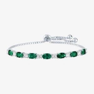 6x4mm Simulated Emerald Diamond Tennis Bolo Adjustable Bracelet 14K Gold Plated - Picture 1 of 5