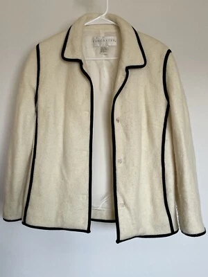Doncaster Womens Sz 4 Cream Black Trim 80% Wool Blazer Jacket Hook Loop Buttons - Image 1 of 4