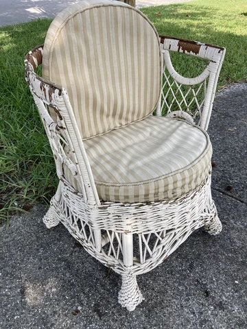 Vintage 1940s ? White Wicker Lounge Arm Chair with Cushion Cover