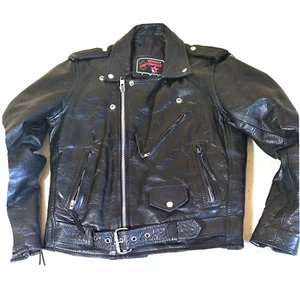 Black Leather Motorcycle Jacket Men's Sz S 38 Offset zipper Epaulets Belted - Bild 1 von 8
