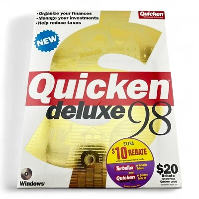 Quicken Deluxe 98 CD Windows Software Intuit Business Finance Vtg 1997 Sealed - Image 1 of 4