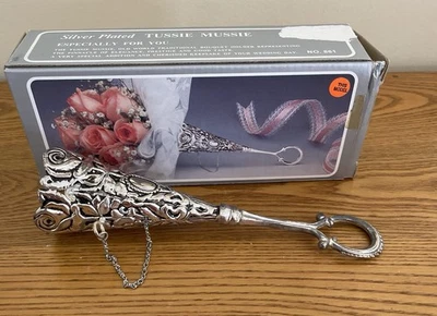 Silverplated Victorian Style Tussie Mussie Posey Bouquet Holder with Pin & Chain - Image 1 of 4