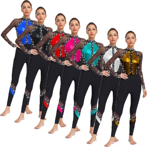 Women Jumpsuit Gymnastics Bodysuit Sparkling Dancewear Sports Mesh Ballet Sheer - Picture 1 of 96