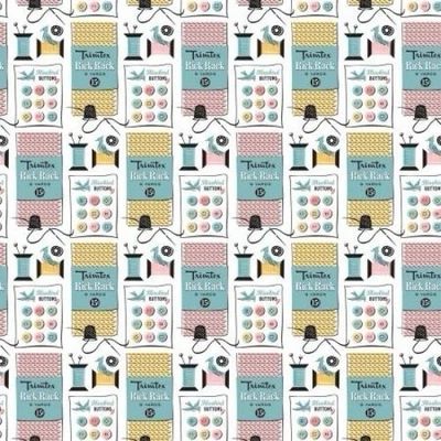 Fat Quarter Poppie Cotton Grannys Sewing Room Notions Button White 100% Cotton - Image 1 of 4