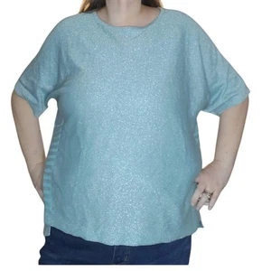 Chico's Size Xl (3) Metallic Aqua Blue Linen Blend Boxy Short Sleeve Sweater - Picture 1 of 9