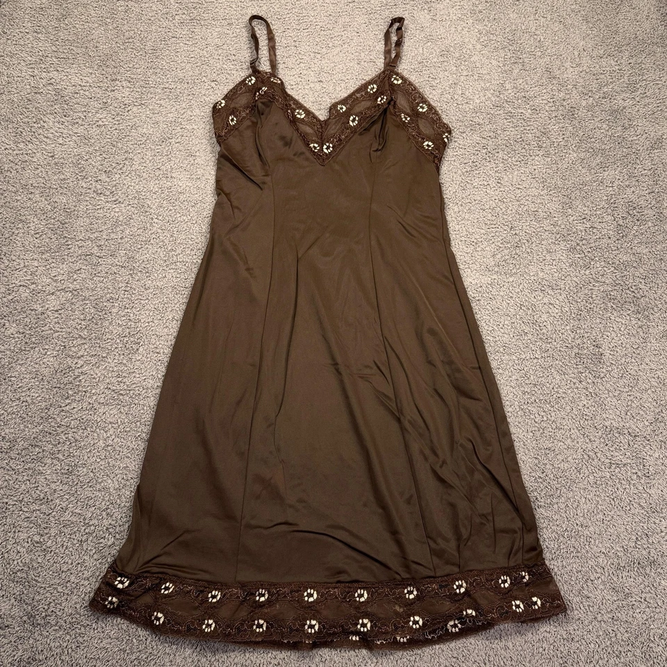 Vtg Slip Dress Women Size 32 Brown Lace Trim Embroidered Floral Spaghetti Straps - Image 1 of 4