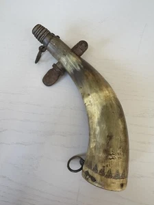 Antique Scrimshawed Powder Horn 10" Engraved lighthouse on a hill? & pine trees - Picture 1 of 8