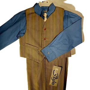 Set 4 pezzi ragazzo taglia 4 camicia canotta cravatta vestito pantaloni grigio fantasia blu nuovo con etichetta - Foto 1 di 11