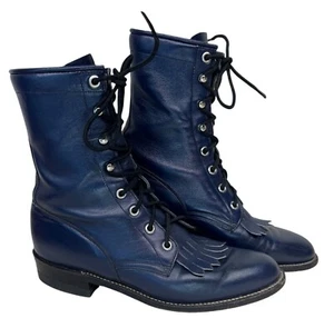 Vintage Womens Blue Justin L527 Kiltie Lace Up Western Cowgirl Roper Boots 7B - Picture 1 of 10