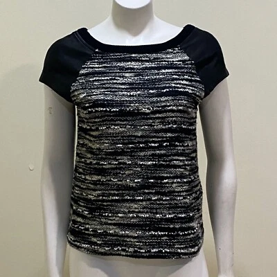 Alice + Olivia Pria Tweed Leather Top Women's XS Black Wool Blend Boxy Blouse - Image 1 of 4