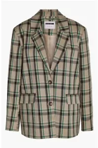 NWT New w/Tag NOISY MAY Oversize BLAZER Check PLAID Khaki Green JACKET Tan S - Picture 1 of 4