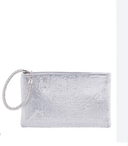 NINA Bergman mesh shiny women's pouch clutch wristlet crystal handle -SILVER - Picture 1 of 6