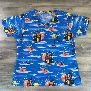 Comfy Cotton Medical Scrub Top Halloween Women's Medium Ghost Pumpkin Castle - Picture 1 of 17