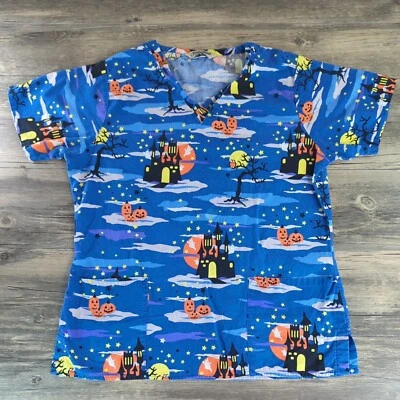 Comfy Cotton Medical Scrub Top Halloween Women's Medium Ghost Pumpkin Castle - Image 1 of 4